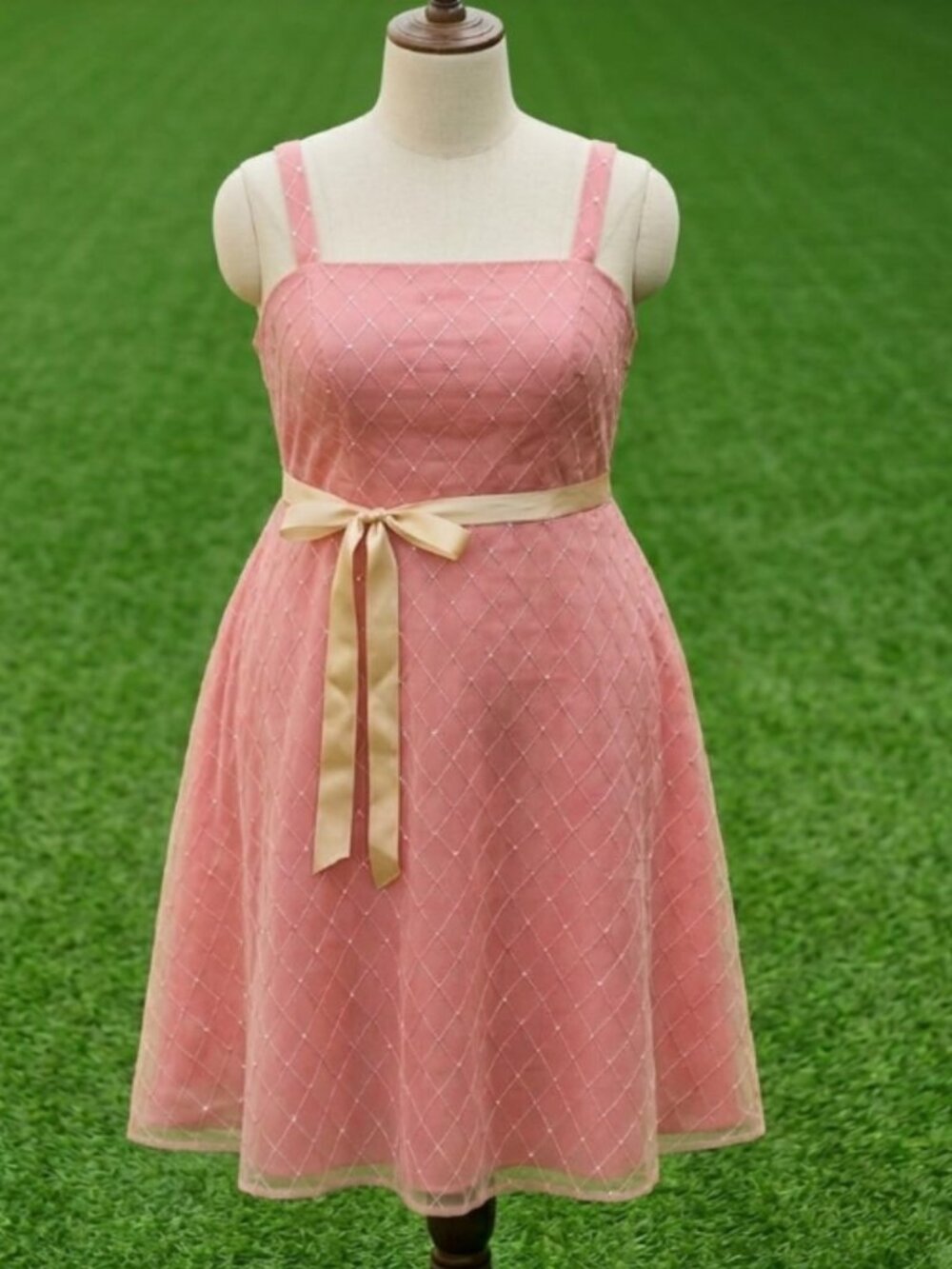 Dressbarn Woman 22W Pink Grid Tulle Satin A-Line Cocktail Dress Vintage Y2K